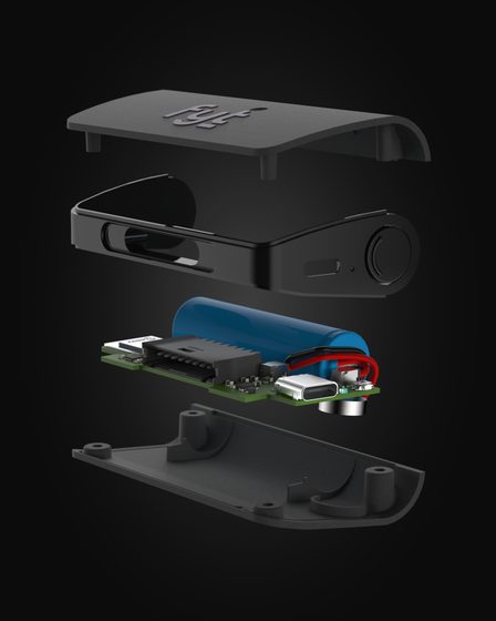 Exploded view of the Fyt sensor module: casing, battery and circuit board