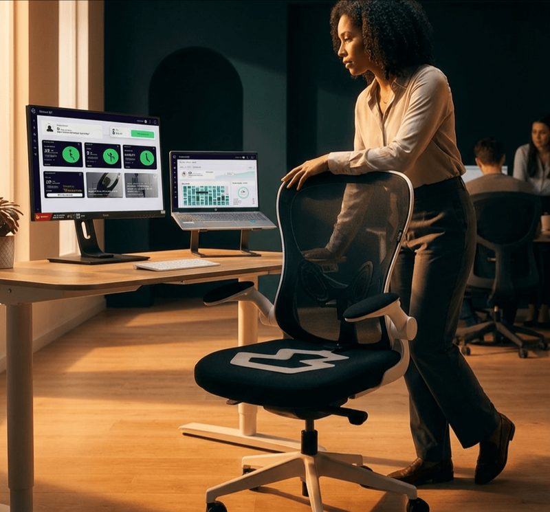A woman sitting down at her desk on an office chair fitted with a Fyt sensor